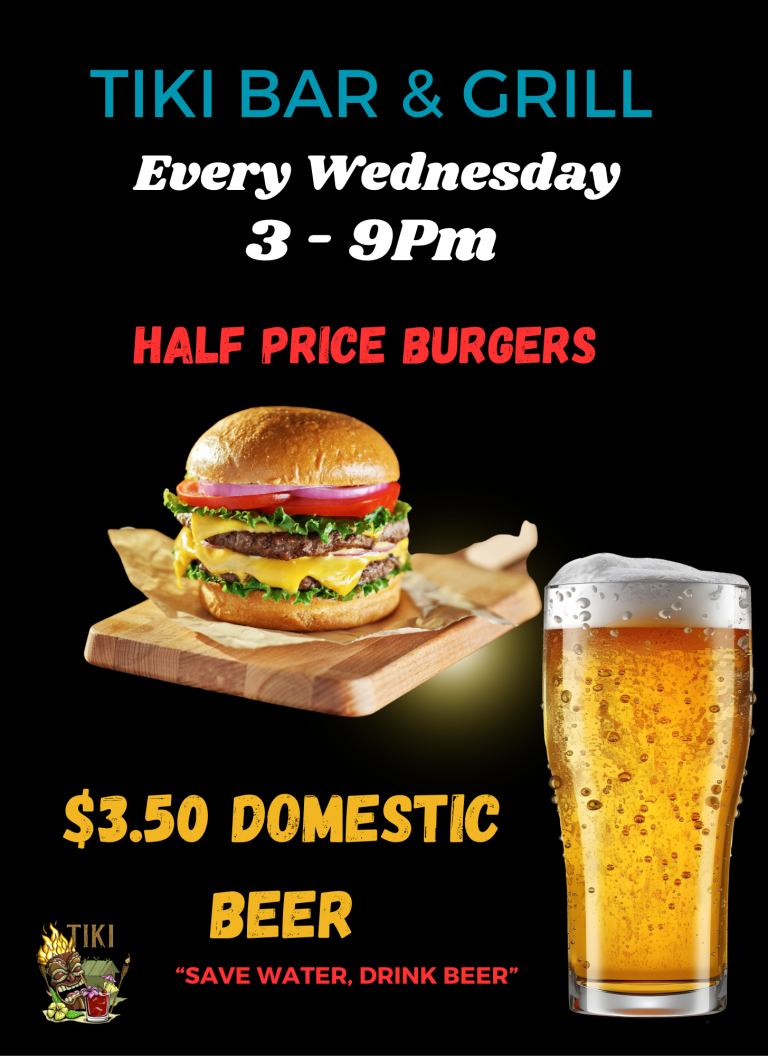 Tiki Bar & Grill at Solomon's Island wednesday specials. Half price burgers and $3.50 domestic beer from 3 to 9 pm.