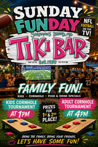 Sunday Cornhole Tiki Sunday Funday at the Tiki Bar. Cornhole tournaments for kids and adults plus food and drink specials.