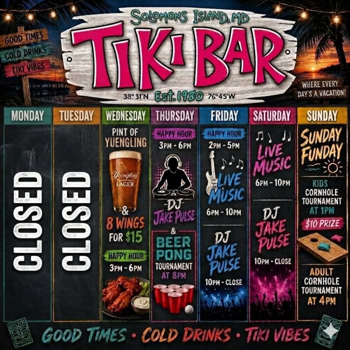 download (1) Weekly Specials Monday - Closed Tuesday - Closed Wednesday - Pint of Yuengling & 8 Wings for $15 + Happy Hour 3PM-6PM Thursday - Happy Hour 3PM-6PM + DJ Jake Pulse & beer pong tournament at 8PM Friday - Happy Hour 2PM-5PM + Live Music 6PM-10PM + DJ Jake Pulse 10PM-close Saturday - Live Music 6PM-10PM + DJ Jake Pulse 10PM-close Sunday - Kids cornhole tournament at 1PM with a $10 prize + Adult cornhole tournament at 4PM